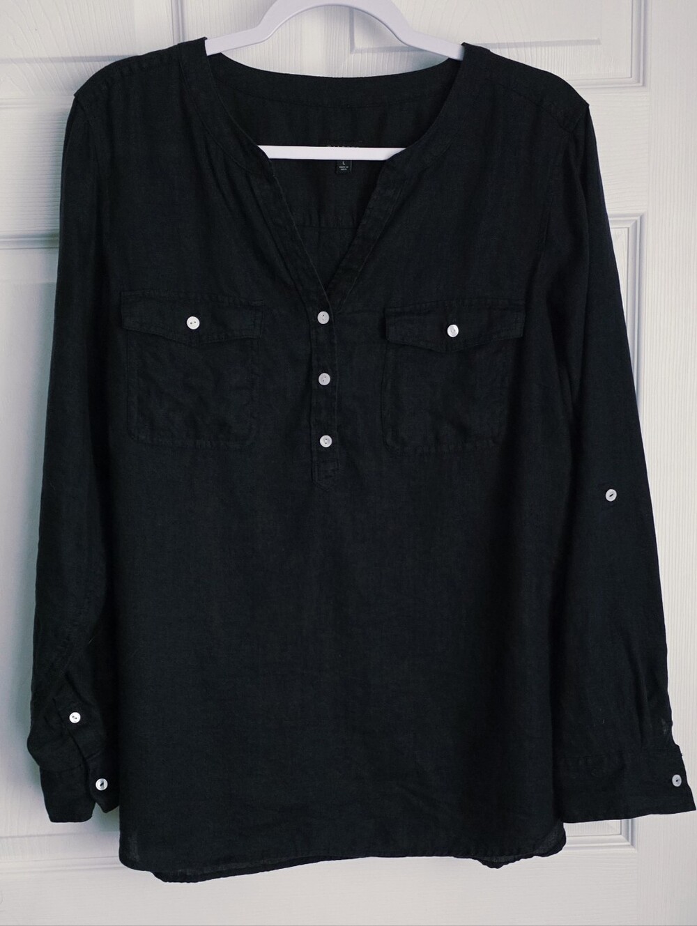 Talbots Navy 100% Linen Popover Shirt Roll Tab Sleeve Large